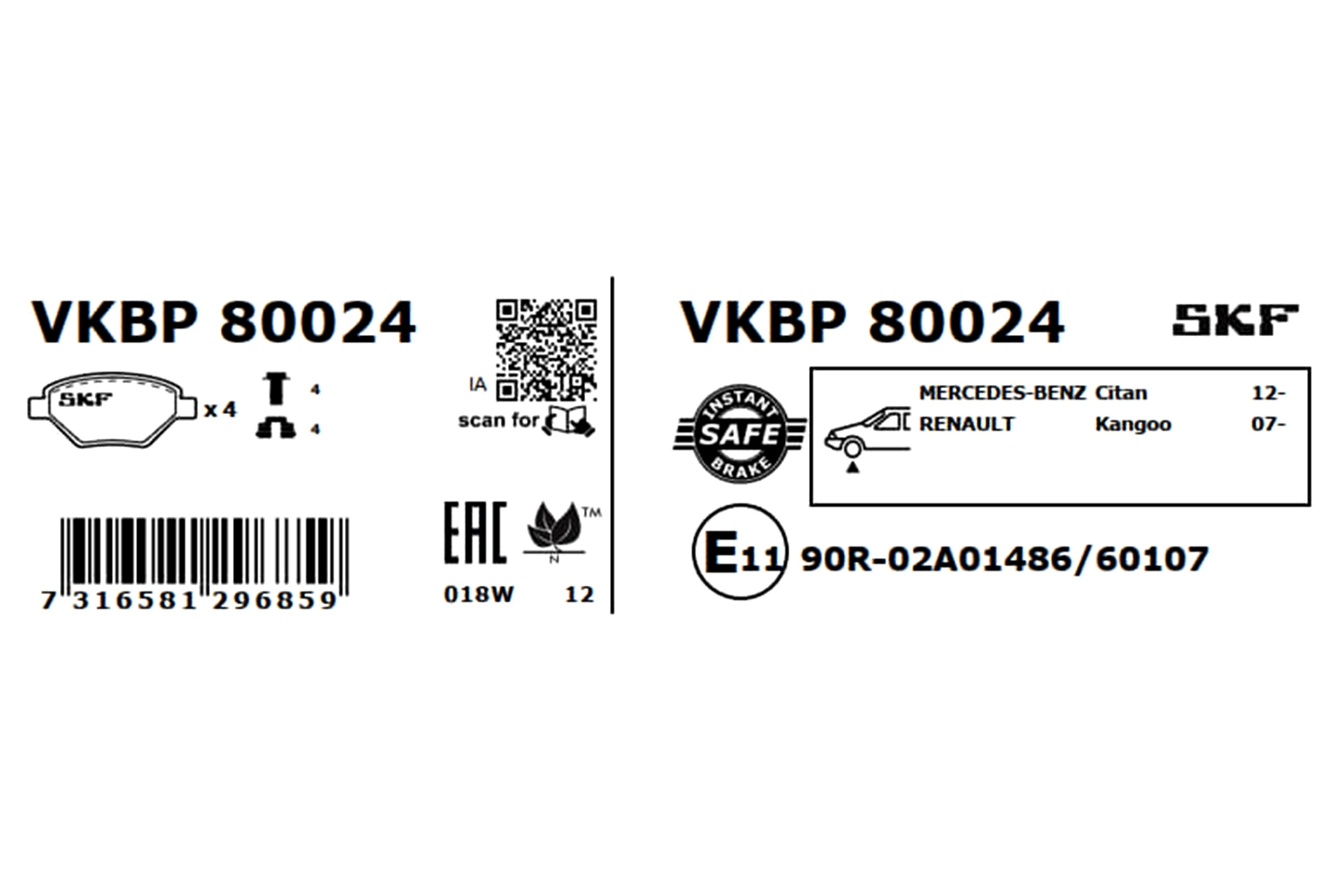 Set placute frana, frana disc SKF VKBP 80024